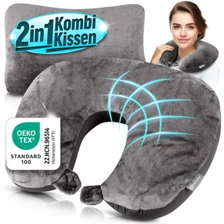 Heimwert Reisekissen - 2in1 Nackenkissen Stützkissen,Nackenhörnchen, 37x27 cm - Travel Pillow für Flugzeug, Camping, Reise - Ergonomisches Kopfkissen mit Microperlen (Grau)