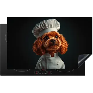 KitchenYeah© Herdabdeckplatte Einteilig Induktionsmatte Küche Abdeckung | 85x52 cm - Glaskeramikkochfeld Herd Abdeckplatte Deko Vinyl Matte Aufrollbar Braun - Koch - Hund