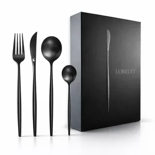 LORELEY® MITTELRHEIN Germany Premium Besteck Set Schwarz Matt – 24 teilig für 6 Personen – Edelstahl, spülmaschinenfest – Modernes Design – Für Zuhause, Hochzeit, Restaurant & Hotel – Edle Geschenkbox