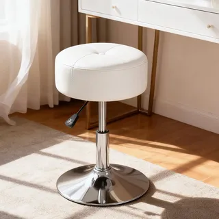 HOOBRO Schminkhocker, Schminktisch Stuhl, Runder Barhocker mit Polsterung, Höhenverstellbar 360° Drehbar, Schminktisch Hocker, für Schlafzimmer, Arbeitszimmer, Weiß EWT60BY01