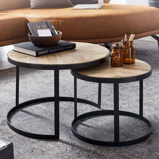 FineBuy Couchtisch 2er Set Massivholz / Metall Wohnzimmertisch Industrial Rund Beistelltisch mit Metallbeine Schwarz Tischset 2-teilig Satztisch Holz - Braun