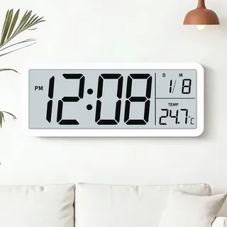 Venchin Digitale Wanduhr Groß: Modern Wanduhr mit Temperaturanzeige, Batteriebetrieben, Hintergrundbeleuchtet, 12/24HR, 25cm Digital Wanduhren für Wohnzimmer, Kinderzimmer, LCD Wall Clock - Weiß