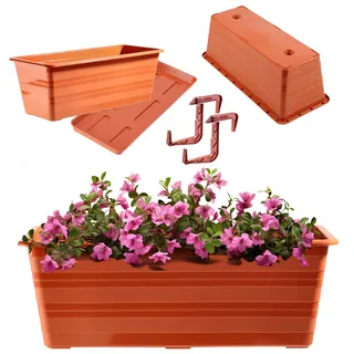 KADAX Blumenkasten 40 cm mit Untersetzern und 2 Griffen Terracotta, Balkontopf aus Kunststoff, Witterungsbeständiger Pflanz-Kasten, Blumentopf, Geländerkasten für Blumen, Kräuter
