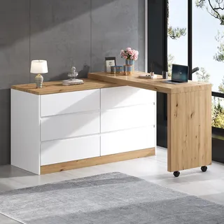 STILVORA Schreibtisch mit Rollen und drehbarer Tischplatte, Eckschreibtisch mit faltbarem Design, Sideboard mit feststellbarer Funktion und 4cm Tischplatte - Weiß