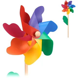 Relaxdays Windrad 2er Set, Dekowindrad für Kinder und Erwachsene, Windmühle für Garten, Balkon & Terrasse, Holz/PP, bunt