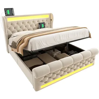 Flieks Polsterbett 140x200cm Doppelbett LED Usb-C & Hydraulik Stauraum Beige Samt , Holz , 140x200 cm , Schlafzimmer, Betten, Polsterbetten
