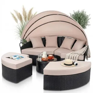 Mucola Sonnenliege Strandkorb Sonneninsel 180CM Tisch Polyrattan Gartenmuschel Set Gartenmöbel Sitzgarnitur Sunbed Kissen Beige - Schwarz - Schwarz