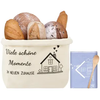 ZYNERY Einweihungsgeschenk Haus Brotkorb aus Stoff, Ideen Geschenk zum Einzug Ins Haus Brotkorb Einzugsgeschenk Wohnung mit Geschirrtuch Holzlöffel für Neue Zuhause-Viele schöne Momente IM NEUEN ZUHAU