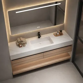 Waschbecken Holzmaserung Unterschrank aus Sinterstein Weiß Arbeitsplatte Set Spiegel 100*55cm【YT3256-100 K】 - Weiß