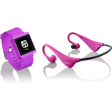 LENCO MP3 Sportwatch-100 mit BH-100 Bluetooth Kopfhörer (MP3, Micro-USB, Touchscreen, Schrittzähler, spritzwassergeschützt nach Norm IPX-4, Silikon-Uhrarmband) pink
