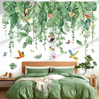 decalmile Wandsticker Groß Tropische Pflanzen Palme Blätter Wandtattoo Hängende Rebe Bananen Blätter Vögel Wandaufkleber Wohnzimmer Schlafzimmer Sofa Hintergrund Wanddeko