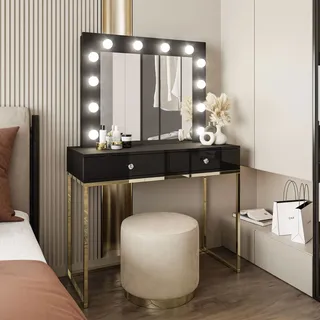 BLANCO Schminktisch mit Spiegel und Beleuchtung gold chrom, Schwarz Hochglanz, Griffe - weißes Kristall - Schwarz