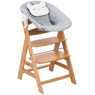 hauck Alpha Newborn Set Pre, Nature Beige - Babystuhl mit Neugeborenenaufsatz ab Geburt, Mitwachsender Holzhochstuhl bis 90 kg Inklusive 5-Punkt-Gurt, Schrittgurt & Schutzbügel
