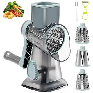 Cheese Grater, Käsereibe mit Kurbel, Trommelreibe, Gemüsehobel Reibe mit 3 Trommelklingen, manuell rotary Trommelreibe edelstahl für Käse Gemüse Obst Nüsse Ice Kartoffel Küche