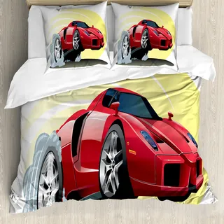 ABAKUHAUS Autos Bettbezug, Cartoon Fahrzeug Leistungsstarke, Milbensicher Allergiker geeignet mit Kissenbezügen, 200 cm x 200 cm - 80 x 80 cm, Rot, Gelb, Grau