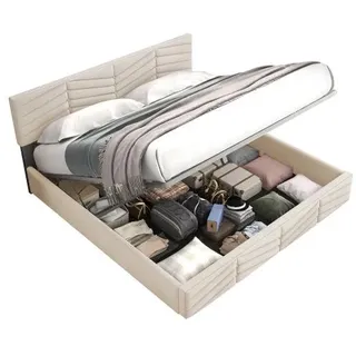 Polsterbett, 160x200 cm, Doppelbett mit Lattenrost und Bettkasten, gepolsterter Kopfteil höhenverstellbar, Bezug aus Samt - Beige