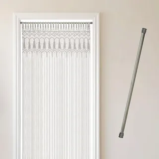 Cozyor Makramee Boho Vorhang + Klemmstange 70-120 cm ohne Bohren Türvorhang Fenstervorhang 132x200cm Raumtrenner, Wandbehang & Deko weiß Silber, Hochzeit Traubogen