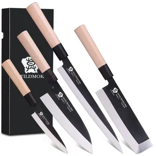 WILDMOK Messerset mit 4 GYUTO Sushi-Kochmessern – Yanagiba-Deba-Nakiri – Allzweck-Küchenmesser, Fischschneide- und Filetiermesser-Sets mit deutscher Stahlklinge und traditionellem Holzgriff