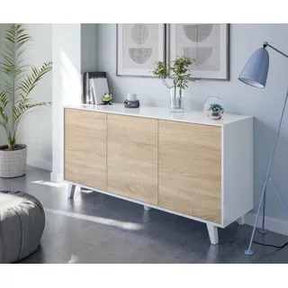 Dmora - Arvada-Sideboard, Küchenbuffet, Wohnzimmer-Design-Garderobe, modernes Sideboard mit 3 Türen und Regalen, 154 x 40 x 75 cm, Weiß und Eiche