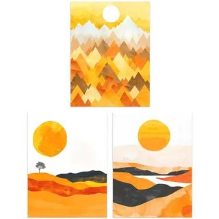 Wee Blue Coo Set of 3 Prints Bold Orange Sunset Landscape Mountains Living Room Poster Wall Art 12X16