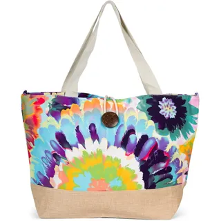 styleBREAKER XXL Strandtasche mit buntem Blumen Print | Große Schultertasche mit Knebelknopf, Stoffhenkel & Karabiner | Damen Shopper 56 x 36 x 18 cm, Farbe:Türkis-Violett-Rot