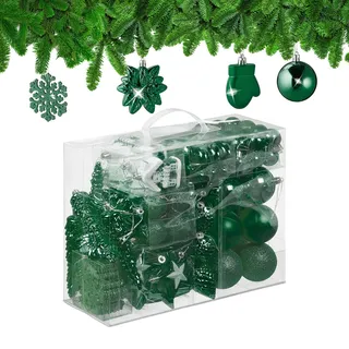 Relaxdays Weihnachtskugeln 100er Set, glitzernd, matt & glänzend, Baumschmuck, Kunststoff, versch. Designs, dunkelgrün