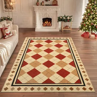 Geanup Kariert Teppich Wohnzimmer 120×180 cm, Braun Waschbarer Moderner Esszimmer Teppich, Kurzflor rutschfest Faux Wool Weich Schlafzimmer Carpet, Boho Groß Mat für Küche Arbeitszimmer Badezimmer