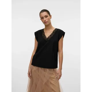 Spitzentop VERO MODA "VMSAFA SL V-NECK LACE TOP WVN GA NOOS", Damen, Gr. S (36), schwarz, Web, Obermaterial: 85% Viskose, 15% Nylon, unifarben, loose fit taillenbedeckt, V-Ausschnitt, Tops Spitzentop