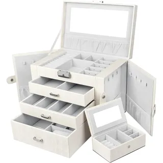 Yorbay Schmuckschatulle, groß, abschließbar, mit Spiegel, 4 Etagen, 3 Schubladen, Samtfutter mit tragbarer Reisebox, für Ohrringe, Halsketten, Armbänder, Uhren, Brillen