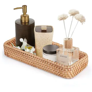 Doafoce Rattan Serviertablett, Badezimmer Eitelkeit Tabletts, Rechteckiges Korb Aufbewahrung, Natürliches Gewebtes Tablett, für Lagerung, Dekorativ (28 x 11,5 x 4cm)