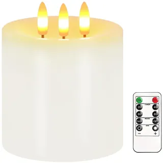 Justup Flammenlose LED-Kerzen, Große 3 Docht LED Kerzen mit Fernbedienung & Timer, Echtes Wachs, Batteriebetriebene Säulen Kerzen für den Winterdekor, Weihnachten, Thanksgiving Dekor (Weiß)