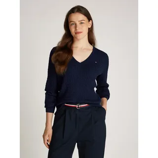 V-Ausschnitt-Pullover TOMMY HILFIGER "CO CABLE V-NK LS SWT", Damen, Gr. S (36), blau (schwarz night navy), Strick, Obermaterial: 100% Baumwolle, unifarben, normal kurz, V-Ausschnitt, Rippstrickbündchen, Pullover V-Ausschnitt-Pullover, mit Zopfmuster, Logostickerei