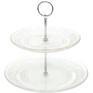 Dekohelden24 Etagere aus Glas, zweistöckig, silberner Etagerenstab, Glasteller mit Muster, Größe: H/Ø ca. 25 x 25 cm