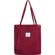 Damen Große Handtasche Kord Shopper Cord Tote Bag für Bücher Reisen Alltag Schule Arbeit Einkaufstasche für Mädchen 40x41cm wine