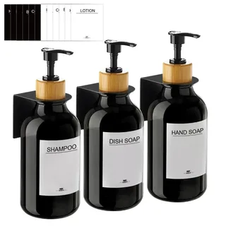 Seifenspender Wandbefestigung Ohne Bohren,3er Set 500ml Seifenspender Wand Schwarz Schampoospender Dusche Spülmittelspender Shampoo Spender für Küche Bad