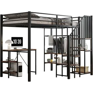Wishdor Etagenbett 120/200 cm in Schwarz mit Tisch, Regal und offenem Kleiderschrank , Metall, Holzwerkstoff , Rechteckig , 120x200 cm , Babymöbel & Kindermöbel, Kinderzimmer & Jugendzimmer, Kinderbetten, Hochbetten