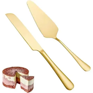 Unyqoos® Elegantes 2‐teiliges Tortenheber- & Tortenmesser-Set, goldfarben, lebensmittelechter 410 Edelstahl, spülmaschinenfest – zum Schneiden & Servieren von Kuchen und Desserts - Gold