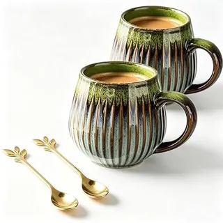 2 Stück Vintage Kaffeetasse aus Keramik 500ml, Grün Kaffeetasse Groß mit Blattgold-Löffel, Spülmaschinenfest & Mikrowellengeeignet, Tee Tasse mit Henkel Cappuccino Tassen Kaffeebecher