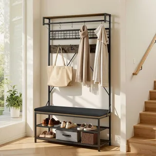 VEVOR Flurgarderobe 1015 x 400 x 1830 mm, Garderobenständer mit Schuhbank & Schuhablage (2 Ebenen), Freistehend Garderobe mit Metallgitter & Kleiderstange, Ideal für Eingangsbereich, Schlafzimmer