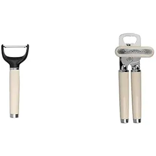 KitchenAid Dosenöffner, Flaschen- und Dosenöffner aus Edelstahl – Almond Creme & Y-Schäler, Edelstahlschäler mit beweglicher Klinge für Früchte und Gemüse – Almond Creme