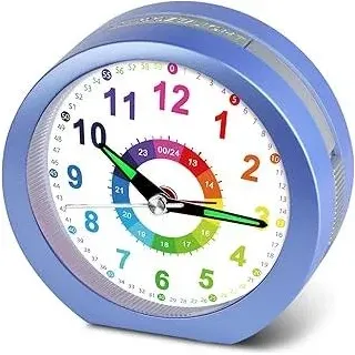 DTKID Wecker Kinder, Kinderwecker Ohne Ticken mit Snooze und Nachtlicht, Analoger Wecker für Jungen und Mädchen, Lernwecker Kinder, Batteriebetrieben (Azurblau)