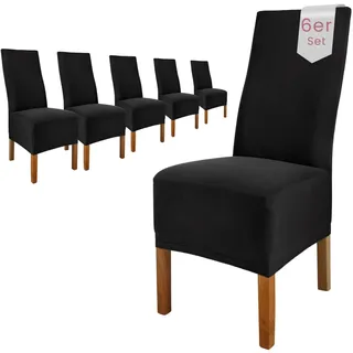 Scheffler Home Stuhlhussen Emma Schwarz 6er Set aus Jersey Baumwolle – Elastische Stuhlbezüge für Hochlehner und Polsterstühle, waschbar und formstabil, Oeko-TEX Zertifiziert
