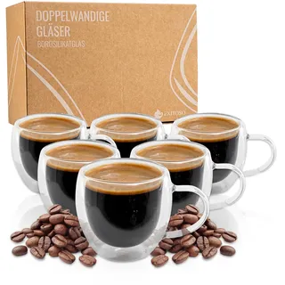 Exitoso Doppelwandige Espressogläser | 80ml 6er gläser set | doppelwandige kaffeegläser | Borosilikatglas Kaffeetassen Glas | kaffeegläser cappuccino gläser mit Henkel