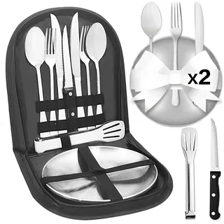 Cynrikah Camping Geschirr 2/4 Personen, 11/21PCS Camping Zubehör Camping Besteck Set Edelstahl Picknick Zubehör mit Flaschenöffner, Steakmesser, Löffel Gabel Messer Teller für Camping/Grillen/Wandern