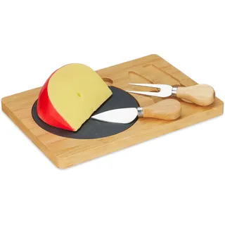 Relaxdays Käsebrett mit Käsemesser Set, Bambus Käseplatte mit Schiefer & Käsebesteck, B x T: 25 x 17 cm, Natur/schwarz