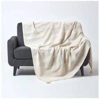 Homescapes Wohndecke Rajput 100% Baumwolle, natur, 150 x 200 cm, Tagesdecke aus Sofaüberwurf handgewebt mit Streifenstruktur, Couch-Überwurf mit Quasten, Oeko-Tex