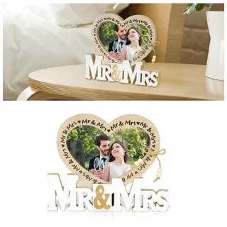 Mr & Mrs Deko Hochzeit Hochzeitsdeko mit Herz Fotorahmen, 24.3x19.6x1.5cm | Tischdeko Hochzeit Vintage, Buchstaben Deko Holz für Wohnkultur, Brautpaar Geschenke, Verlobung, Gartenparty, Zeremonie
