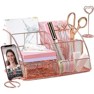 Schreibtisch-Organizer, Rose-Gold, mit Telefonhalter, Kugelschreiberhalter, Kosmetik-Organizer und Bleistiftkasten, Metall-Accessoires für Schule und Heim-Office - Rosa