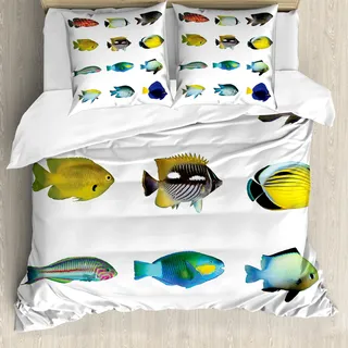 ABAKUHAUS Fisch Bettbezug Set, Ägyptischer Fisch mit Bannerfish-Goldfisch-Papageienfisch-Tier-Natur-Rot-Meer-Thema-Bild, 155 x 220 cm + 80 x 80 cm, Mehrfarbig