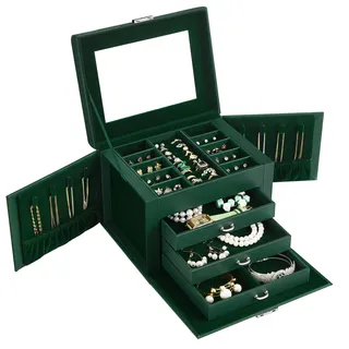 SONGMICS Schmuckkästchen 4 Ebenen, Schmuckkasten mit 3 Schubladen, viel Stauraum, innen mit Spiegel, abschließbar, Schmuckaufbewahrung, Geschenk für Ihre Liebsten, für Uhren, grün JBC159C01